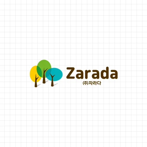 (주)자라다 CI — 노랑·초록·청록 세 그루의 나무와 Zarada 워드마크